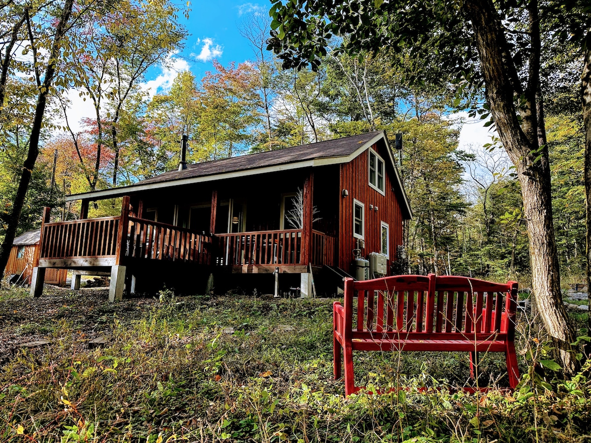 新建！这是一间安静森林中的小屋，您可以在阳台上用餐，配有燃木炉、火坑和烧烤架。