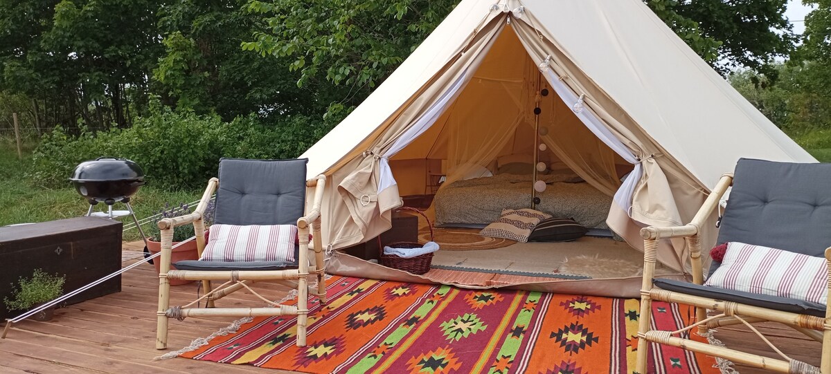 Peaceful glamping tent with terrace