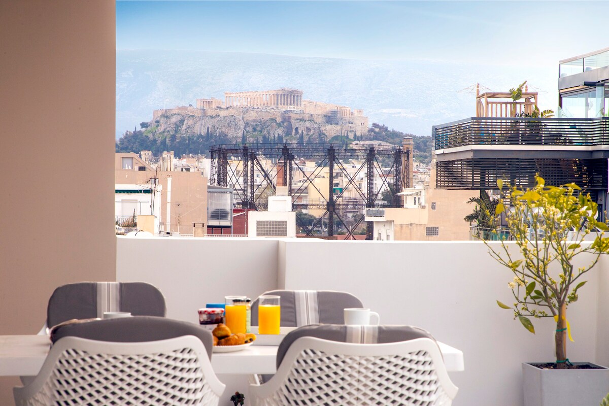 令人惊叹的雅典卫城景观顶层公寓，带户外水疗中心