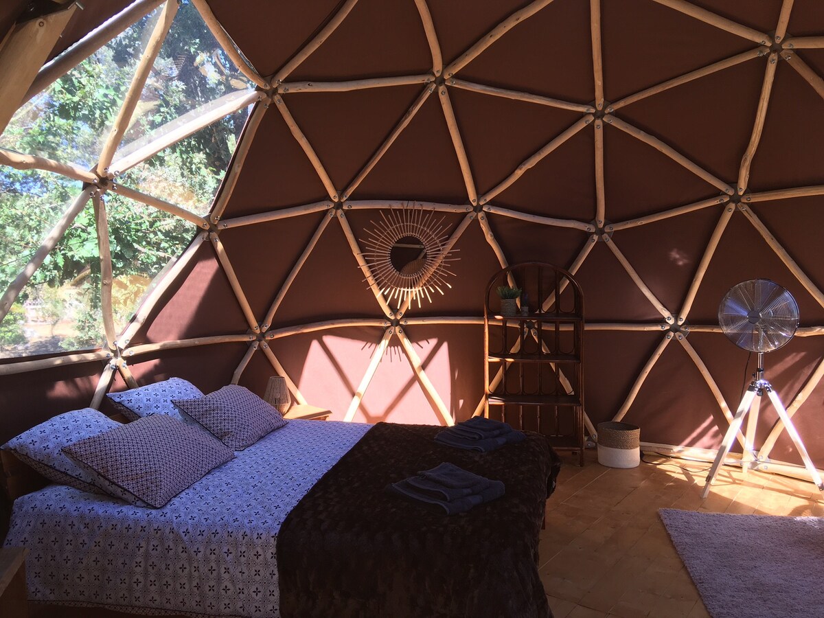 Géode dans les arbres avec jacuzzi sur la terrasse