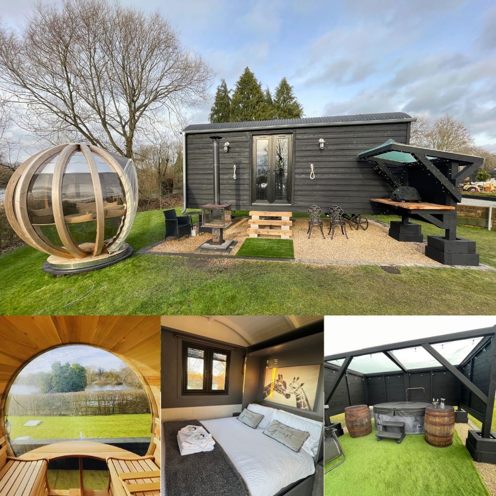 Shepherd Hut with Sauna, Hot Tub & Garden Pod