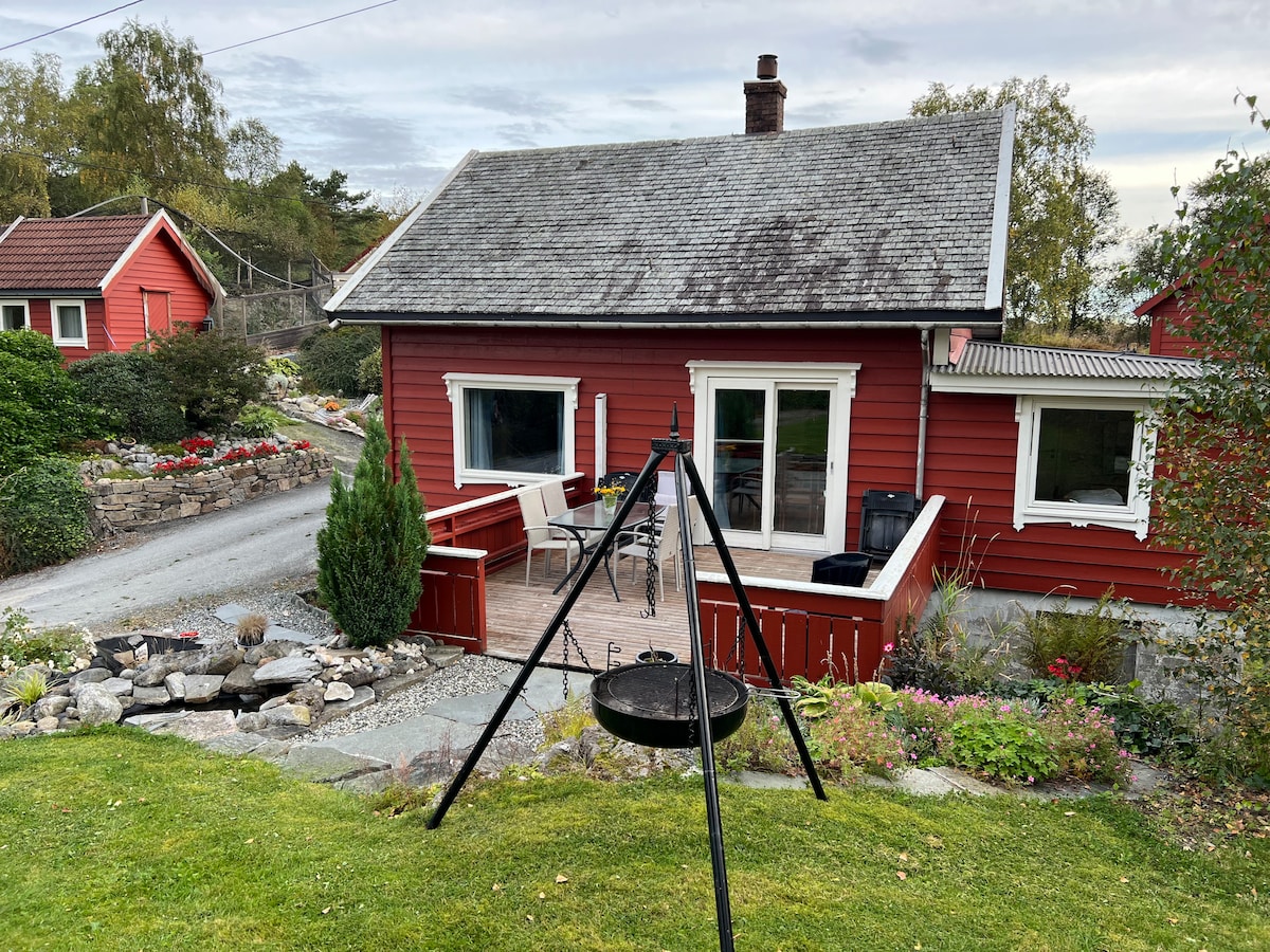 Eldre hus på lite småbruk med fiskemulighet i vatn