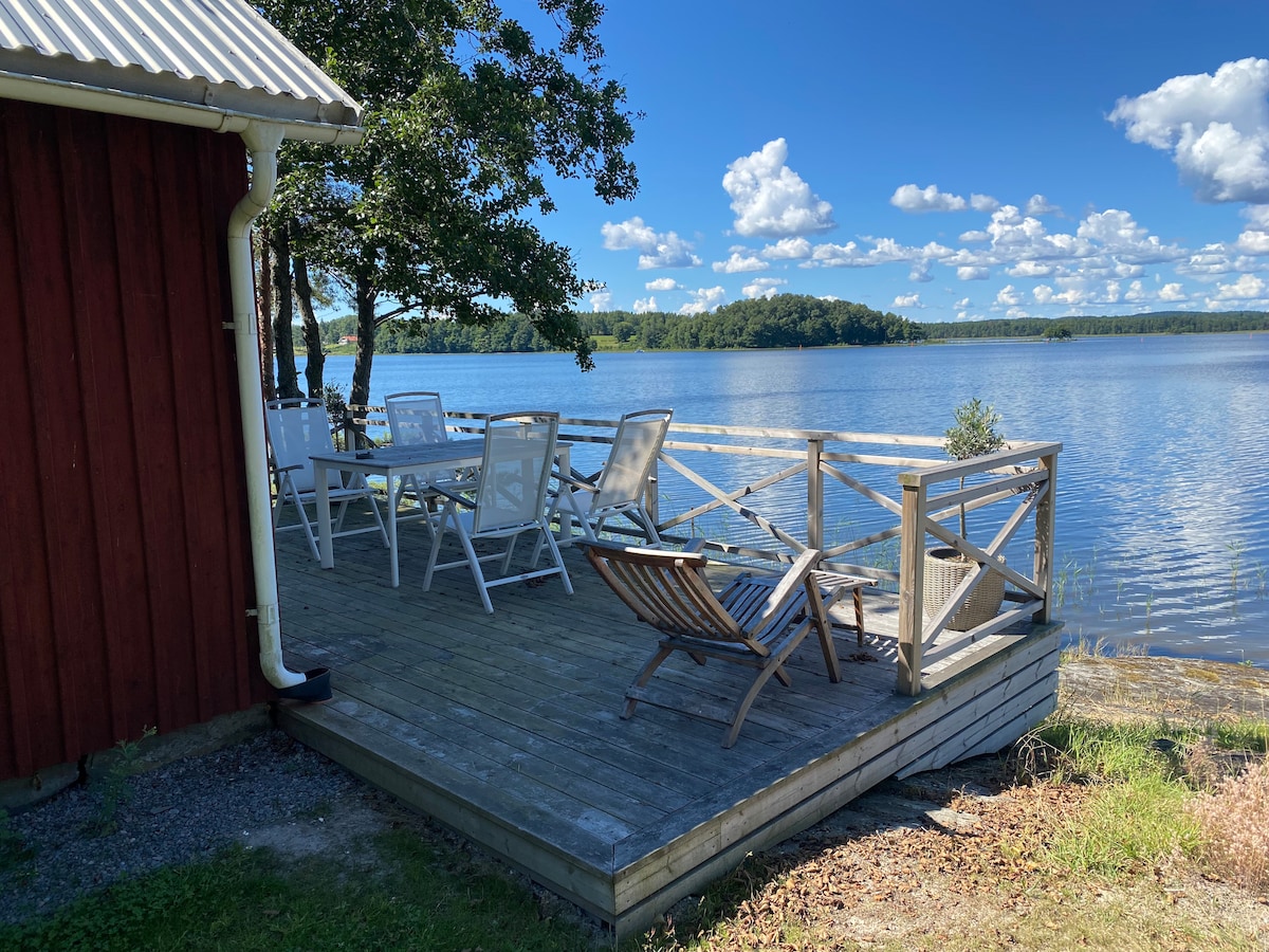 Lake house with sunset view