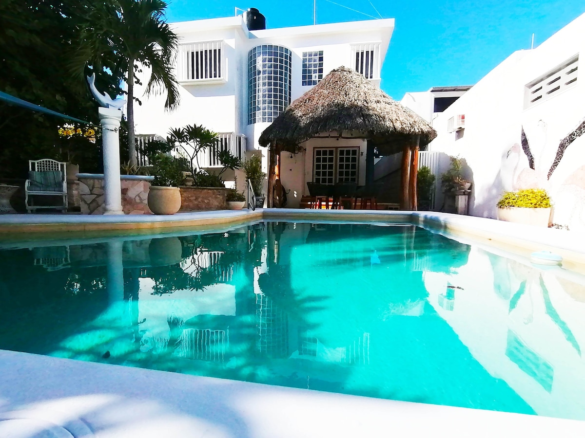 Seaside Serenity Yucatán ，海滩景观和泳池。