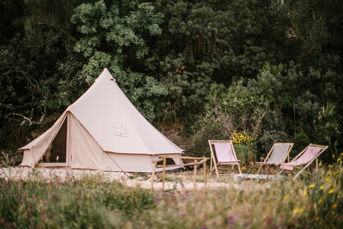 Family bell tent in nature