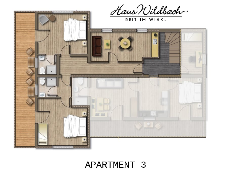 公寓3 （小厨房、2张床、2个卫生间、阳台）