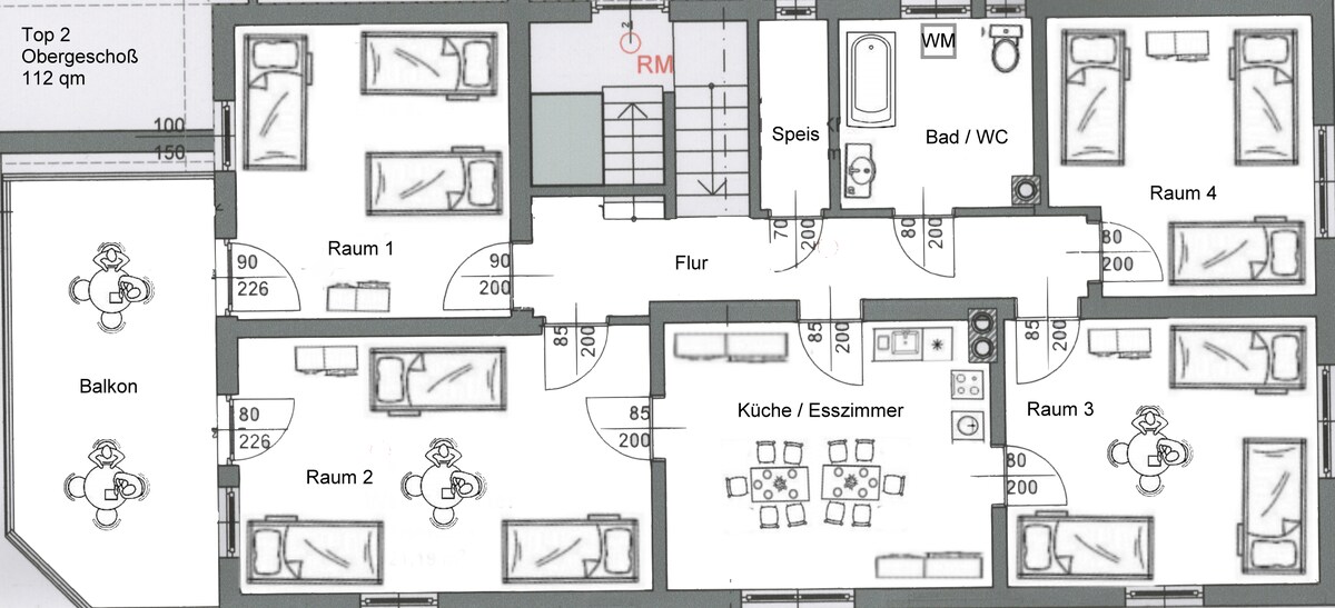 Großwohnung 112 qm / 4 Schlafräume / 12 Personen