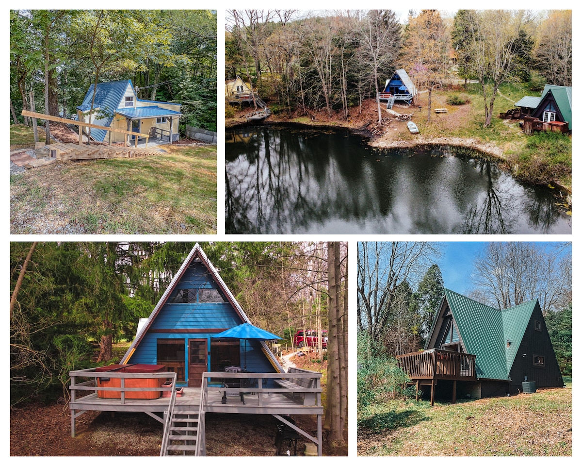 Three A-frame Cabins, a private Pond, row boats!