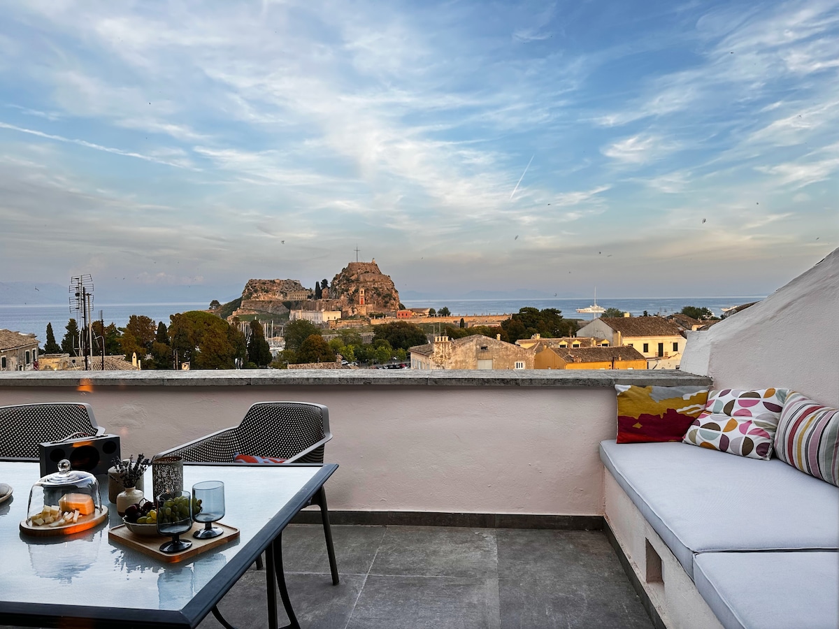 Terraced attic with majestic views over Corfu Town