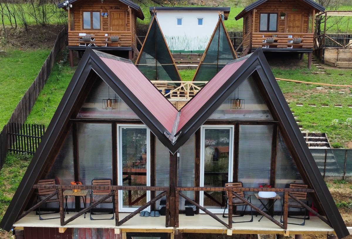 Red bungalow Bosnian pyramid glamping