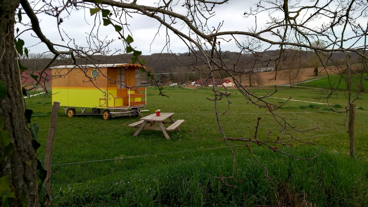 Véritable roulotte à la campagne