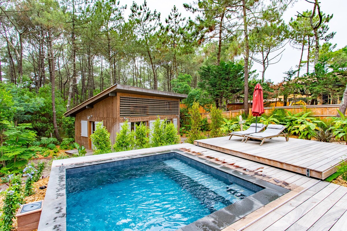 松树林中带恒温泳池的木屋