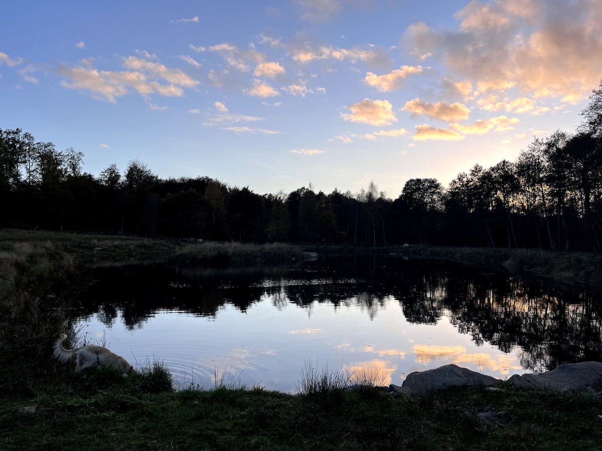 Vackert hus vid egen liten sjö.