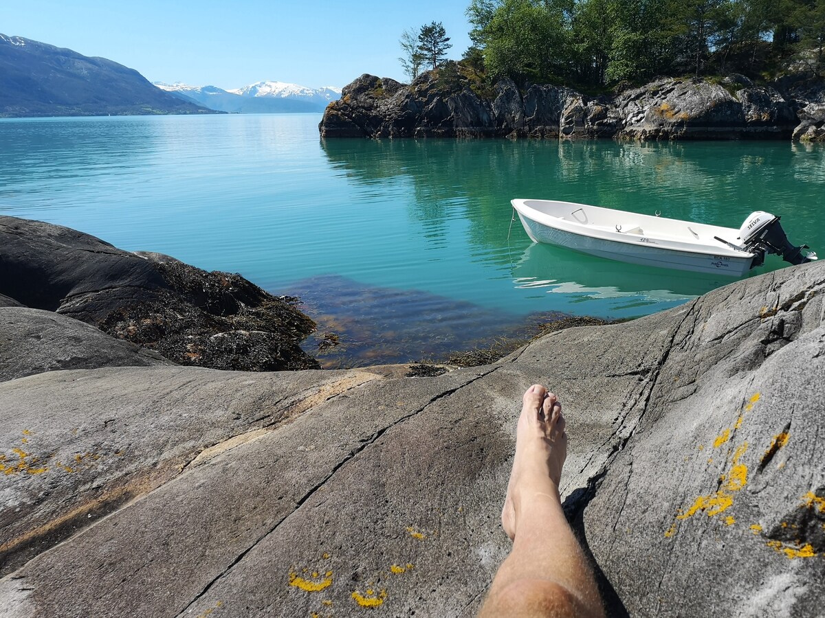 Hytte nær fjord fjell og fonn