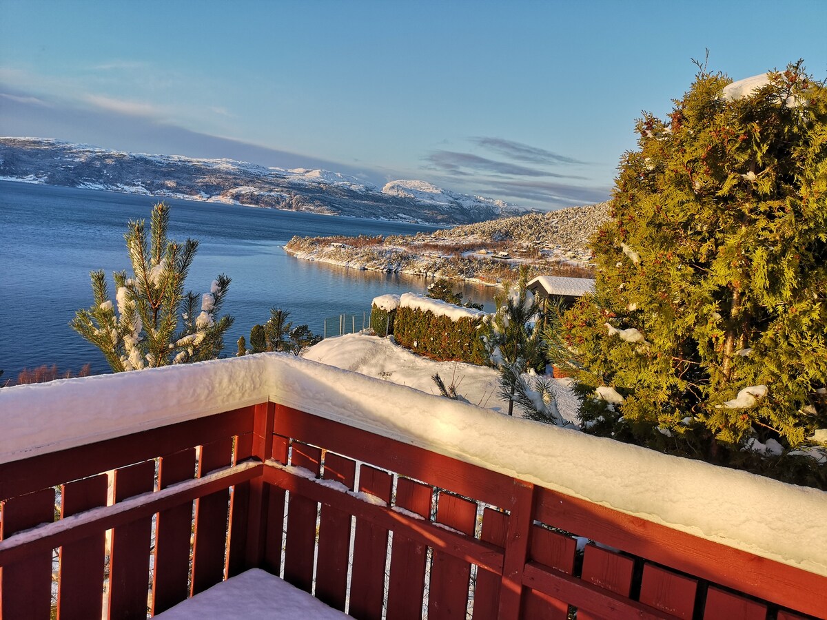 Hytte nær fjord fjell og fonn