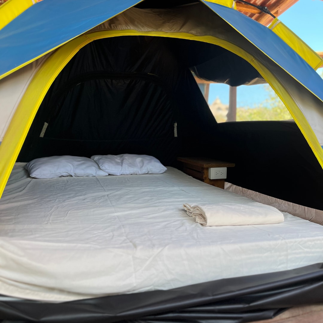 Camping tent for two on the second floor.