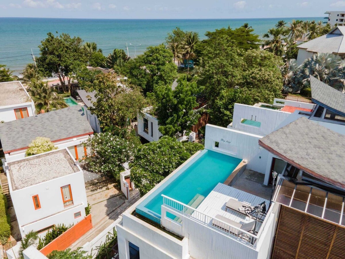 海滩通道屋顶泳池3卧室别墅@ Pranburi