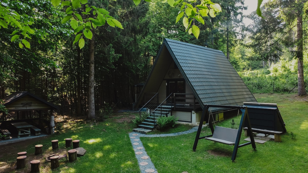 A-Frame Cabin in the Forest with Sauna & Hot Tub
