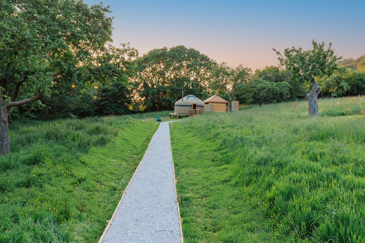 Orchard Yurt with woodfired hot tub