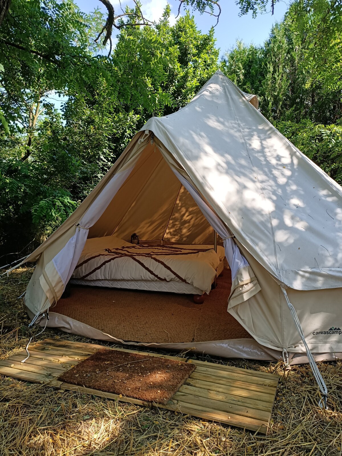 Tipi sur terrain arboré avec feu de camp