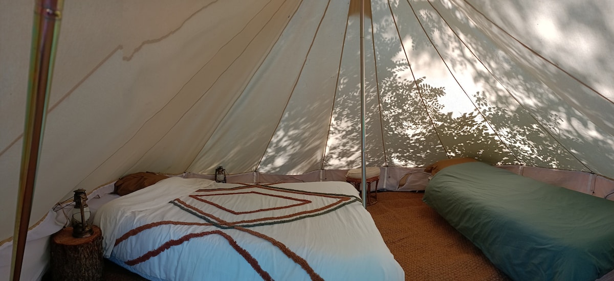 Tipi sur terrain arboré avec feu de camp