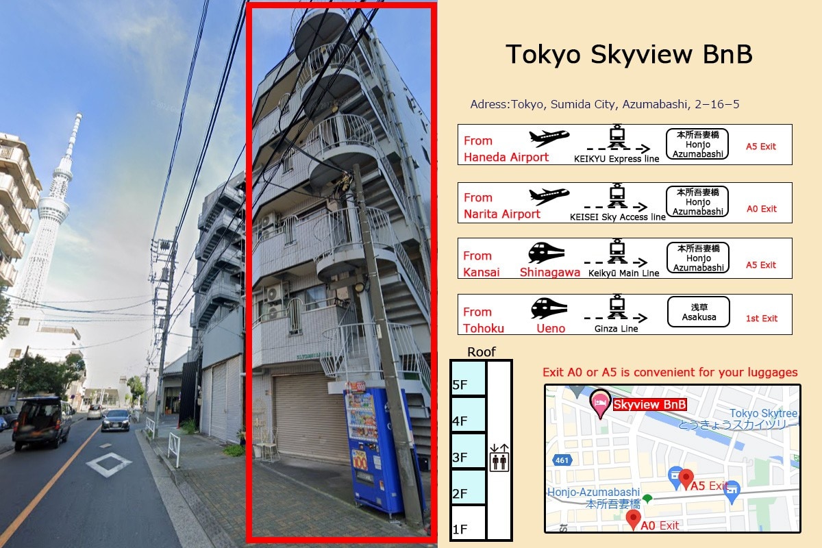 二楼有4间客房，电梯屋顶， 3分钟到车站，直达成田羽田机场， 8分钟到浅草寺8分钟到浅草寺， 12分钟到晴空塔、迪士尼巴士
