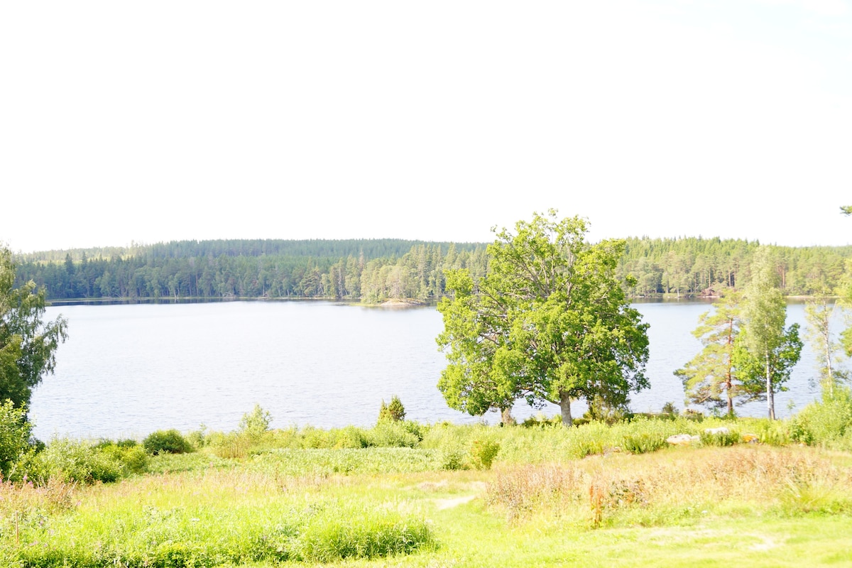 Stuga med sjöutsikt.