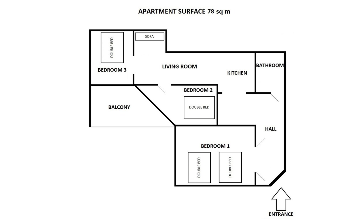 3 bedrooms & living room+balcony, central Apt,8prs