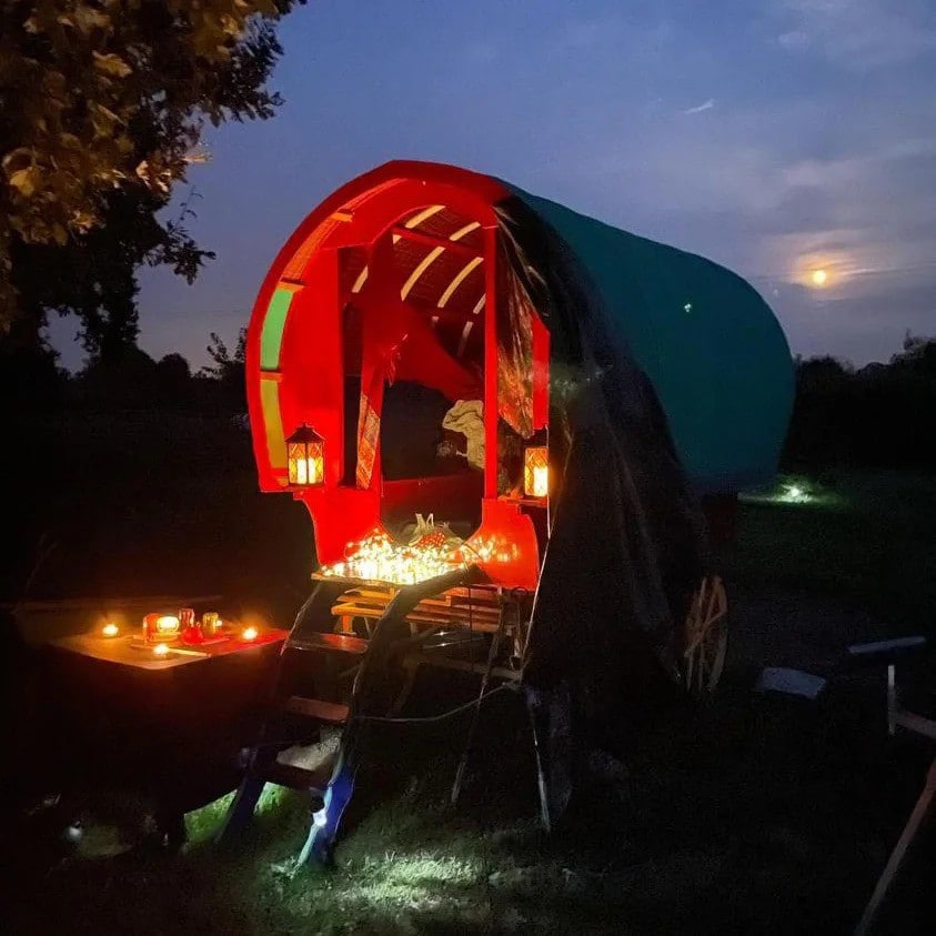 Campsite with Gypsy Vardo, Bell Tent