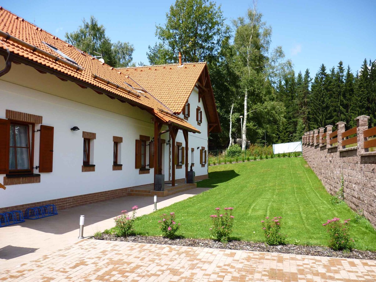 Holiday home with fireplace, sauna and garden at L