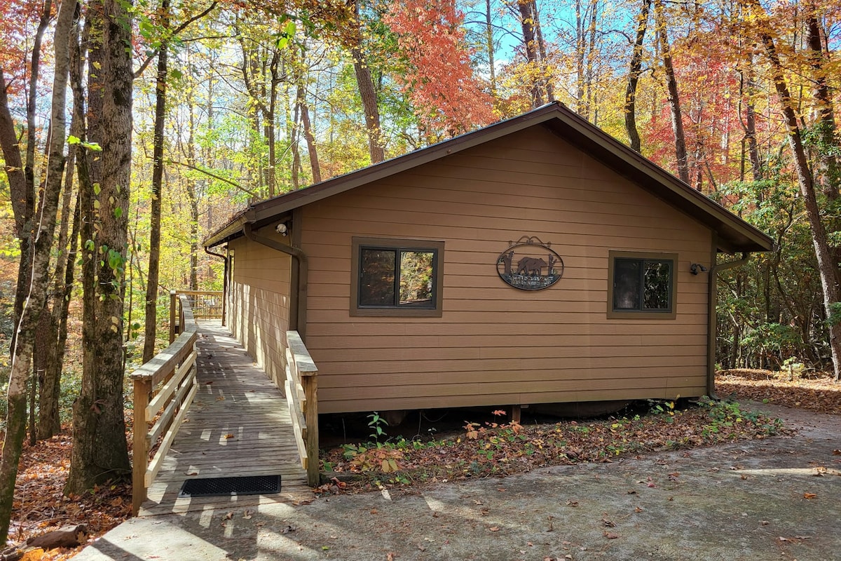 3BR cabin with firepit, fireplace, mtn views, deck