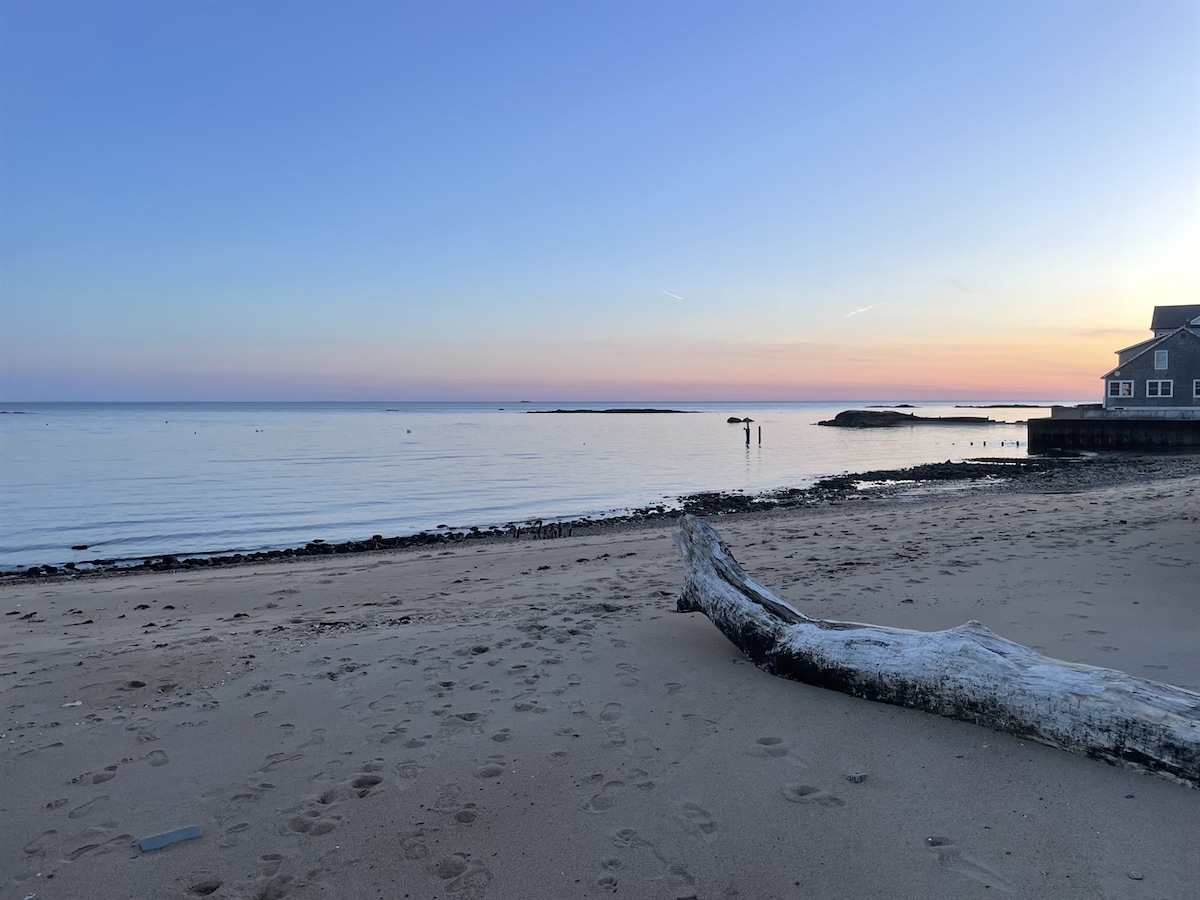 New England shoreline charm, private beach access