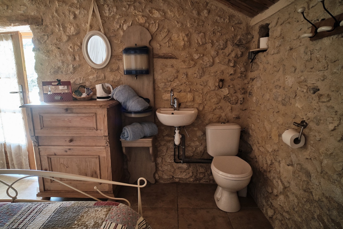 带Bath-Cabane en pierre的小木屋-套房