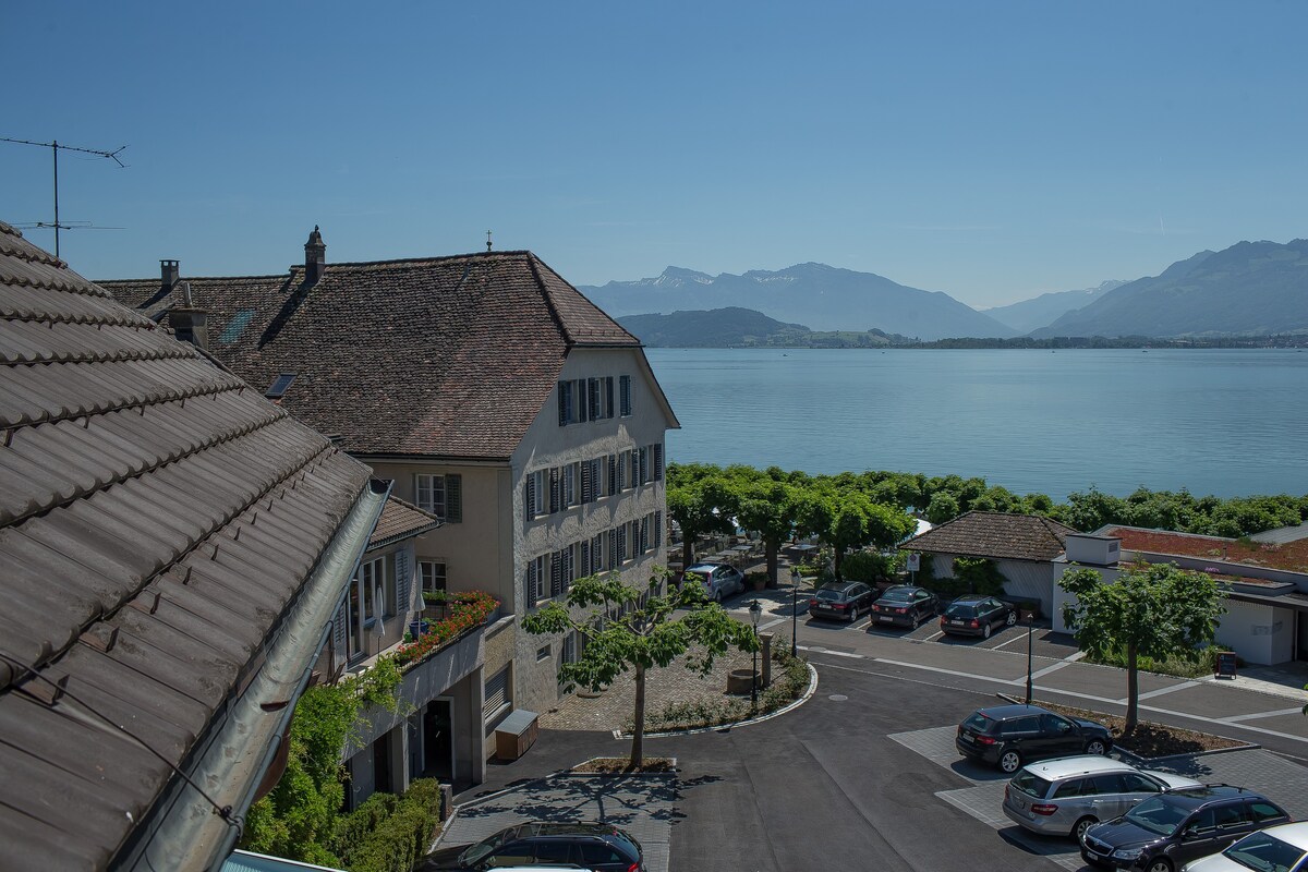 酒店套房，配有沙发床和湖景