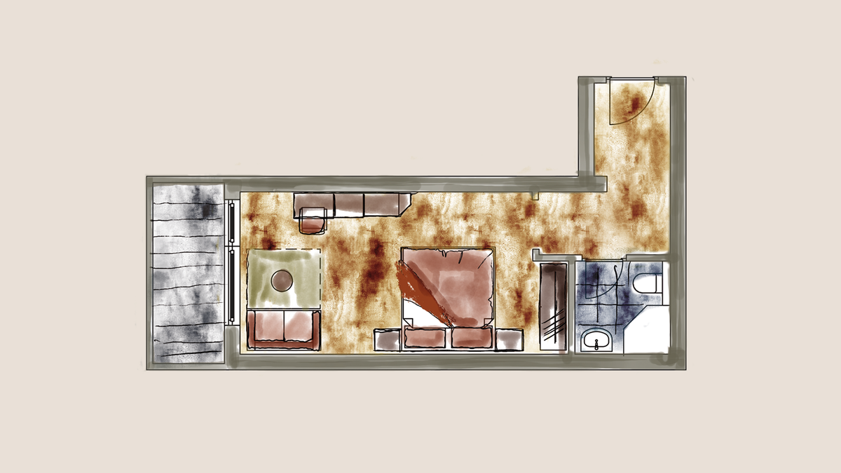 宽敞的双人房，带卫生间和阳台
