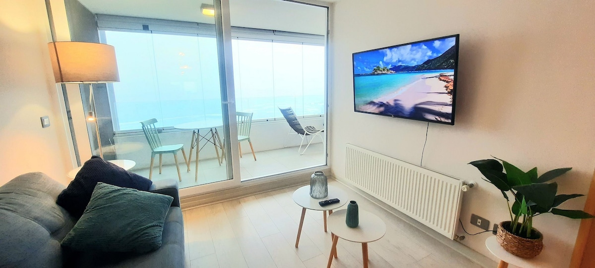 Modern apartment with panoramic sea views.