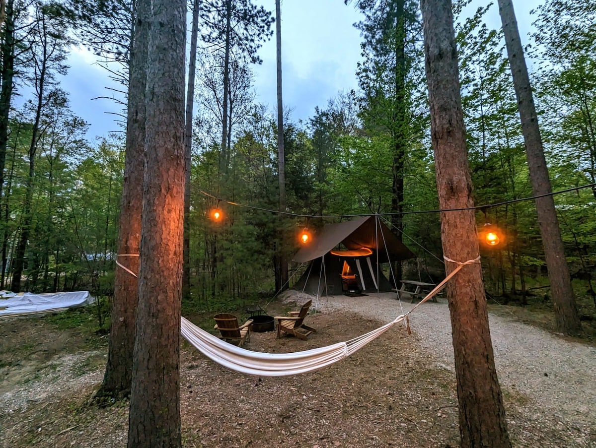 俯瞰树林的豪华露营帐篷，带标准双人床- 07