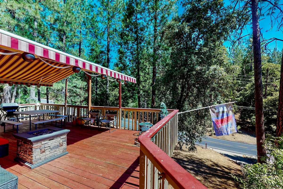 Forest-view home with private hot tub & fireplace